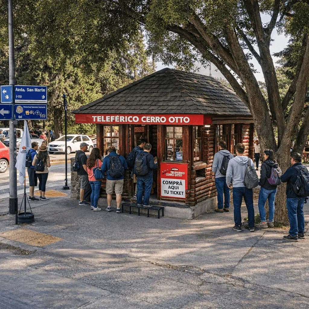 Cabaña de atención al cliente de Teleferico Cerro Otto ubicada en la esquina de Avenida San Martín y Calle Independencia.