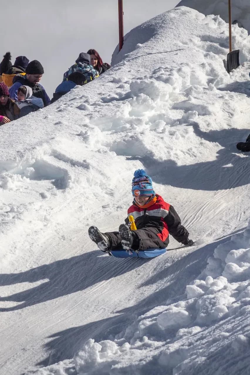 Un niño se desliza alegremente en un trineo azul por una pista de nieve en pendiente, mientras otros visitantes esperan su turno en la parte superior bajo un cielo luminoso.