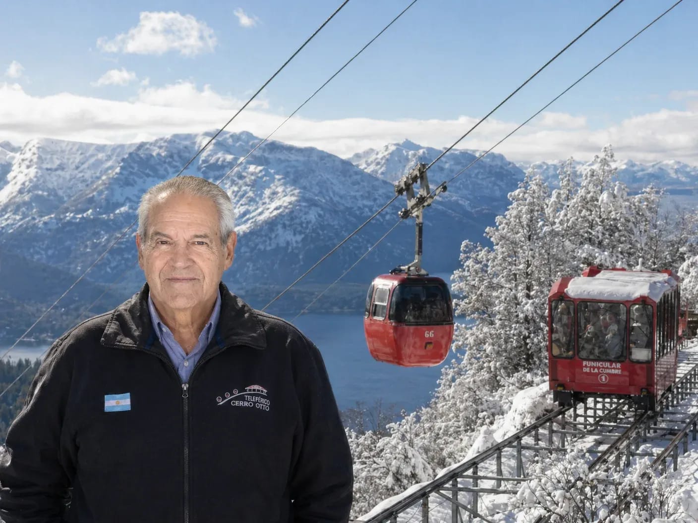 Director ejecutivo del Teleférico Cerro Otto y presidente de la Fundación Sara María Furman, posando en primer plano con vista al lago y montañas nevadas, acompañado por una cabina aérea y el funicular rojo de la cumbre en funcionamiento.